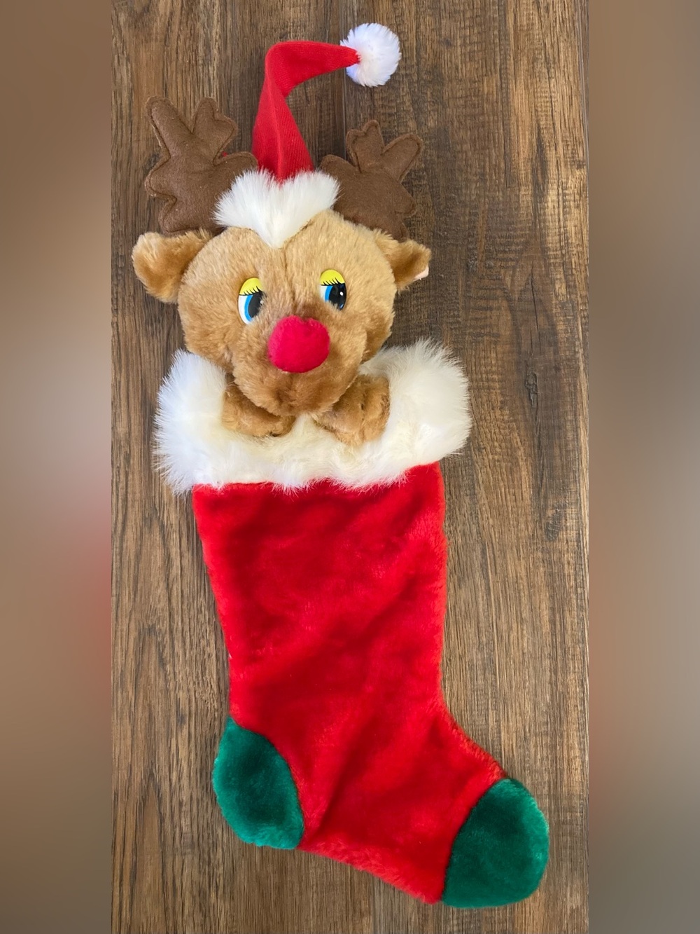 Vintage Fukei 1980s 3D Plush Rudolph the Red Nosed Reindeer Christmas Stocking